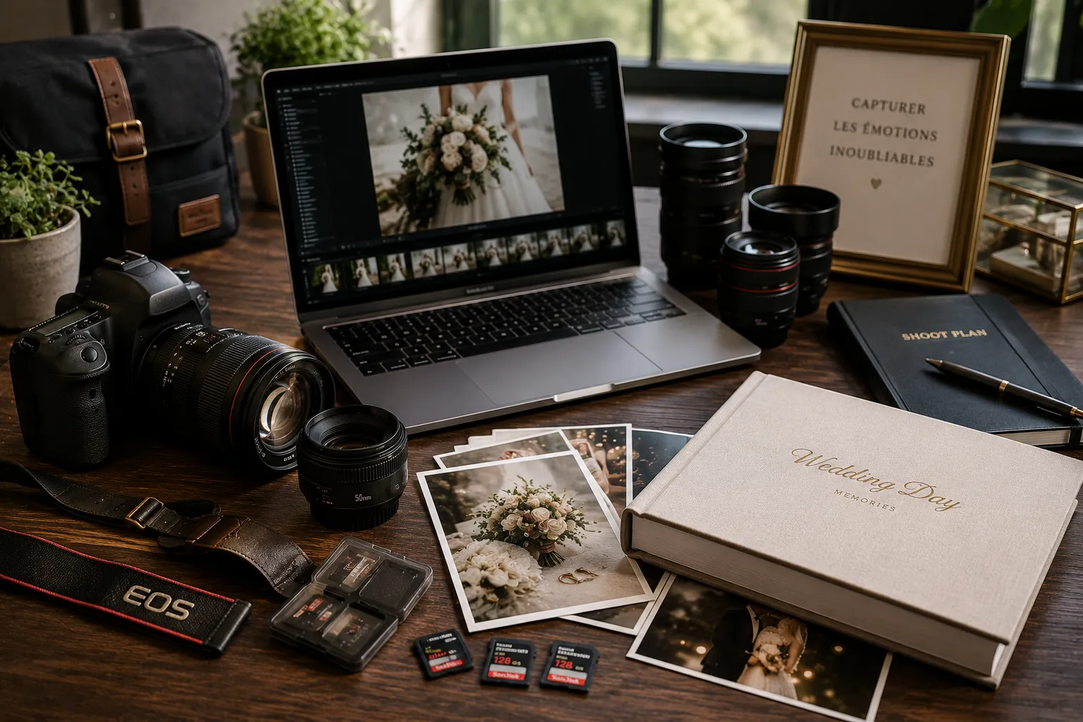oui et vous - Espace de travail élégant de photographe de mariage — illustration pour l'article « Comment créer un site de mariage en 2026 : guide complet »
