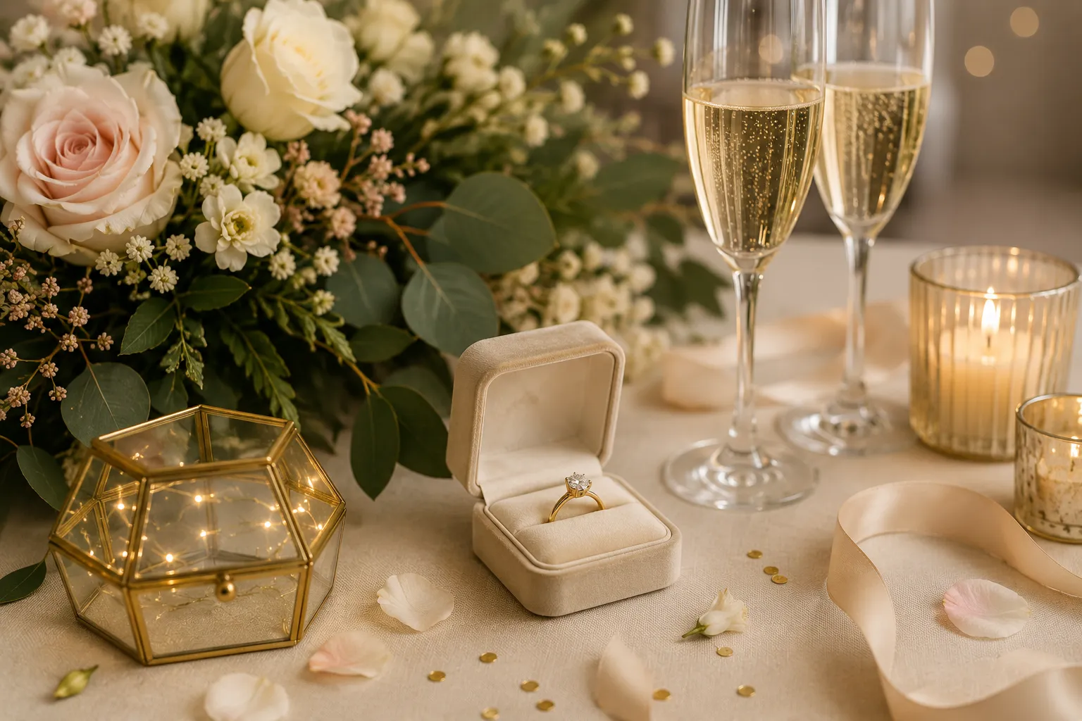 Célébration romantique autour de l'engagement — illustration pour l'article « Mariage civil et PACS : invitations et RSVP »