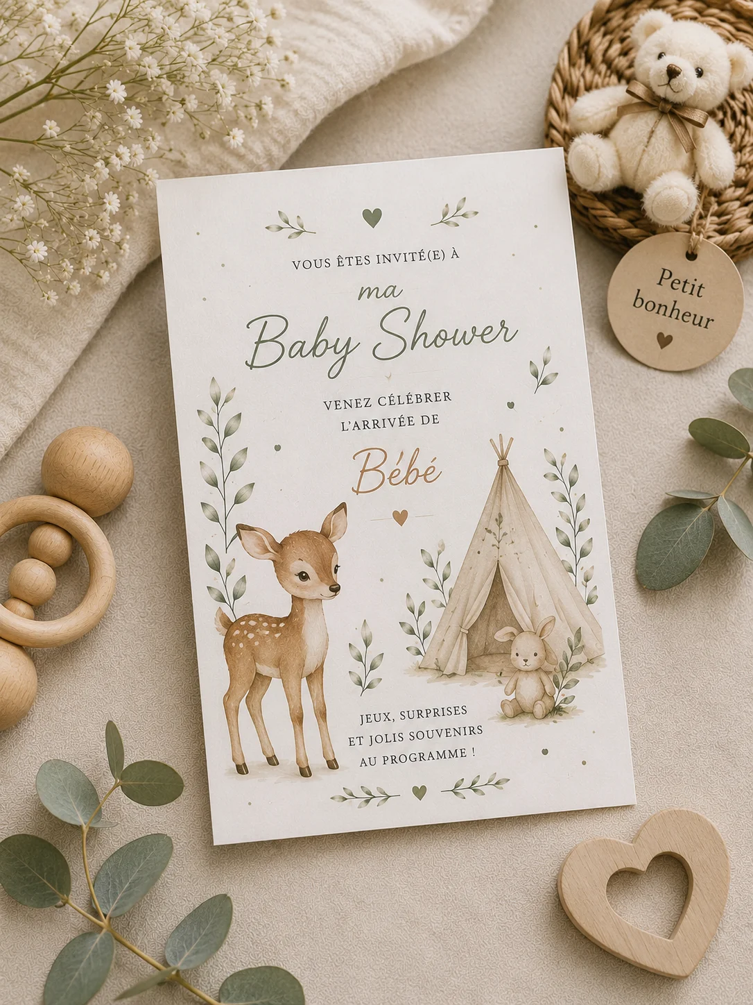 Carte d'invitation de baby shower bohème — illustration pour l'article « Baby shower : invitations et réponses »