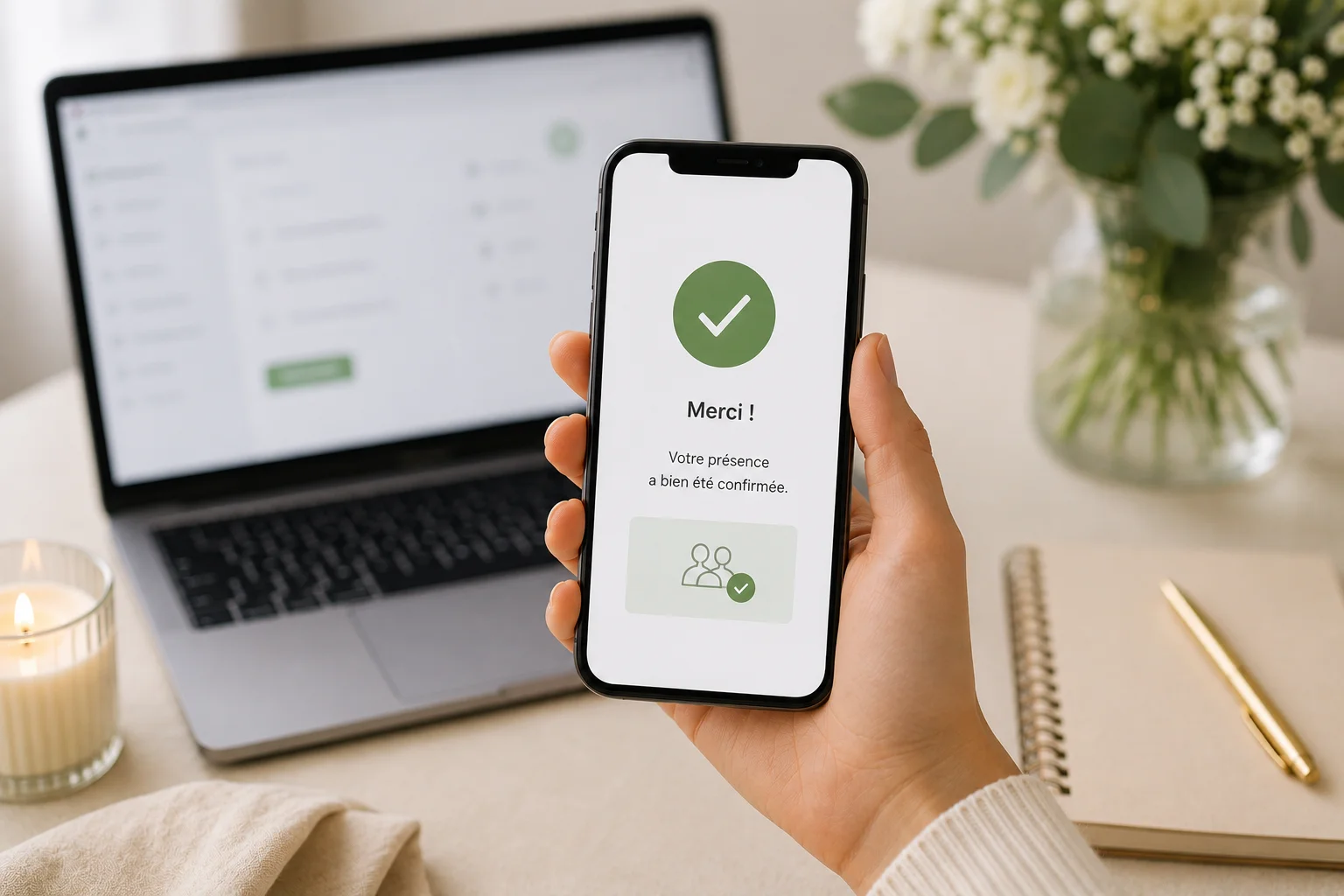 Confirmation sur un bureau moderne — illustration pour l'article « RSVP mariage par WhatsApp : bonnes pratiques »