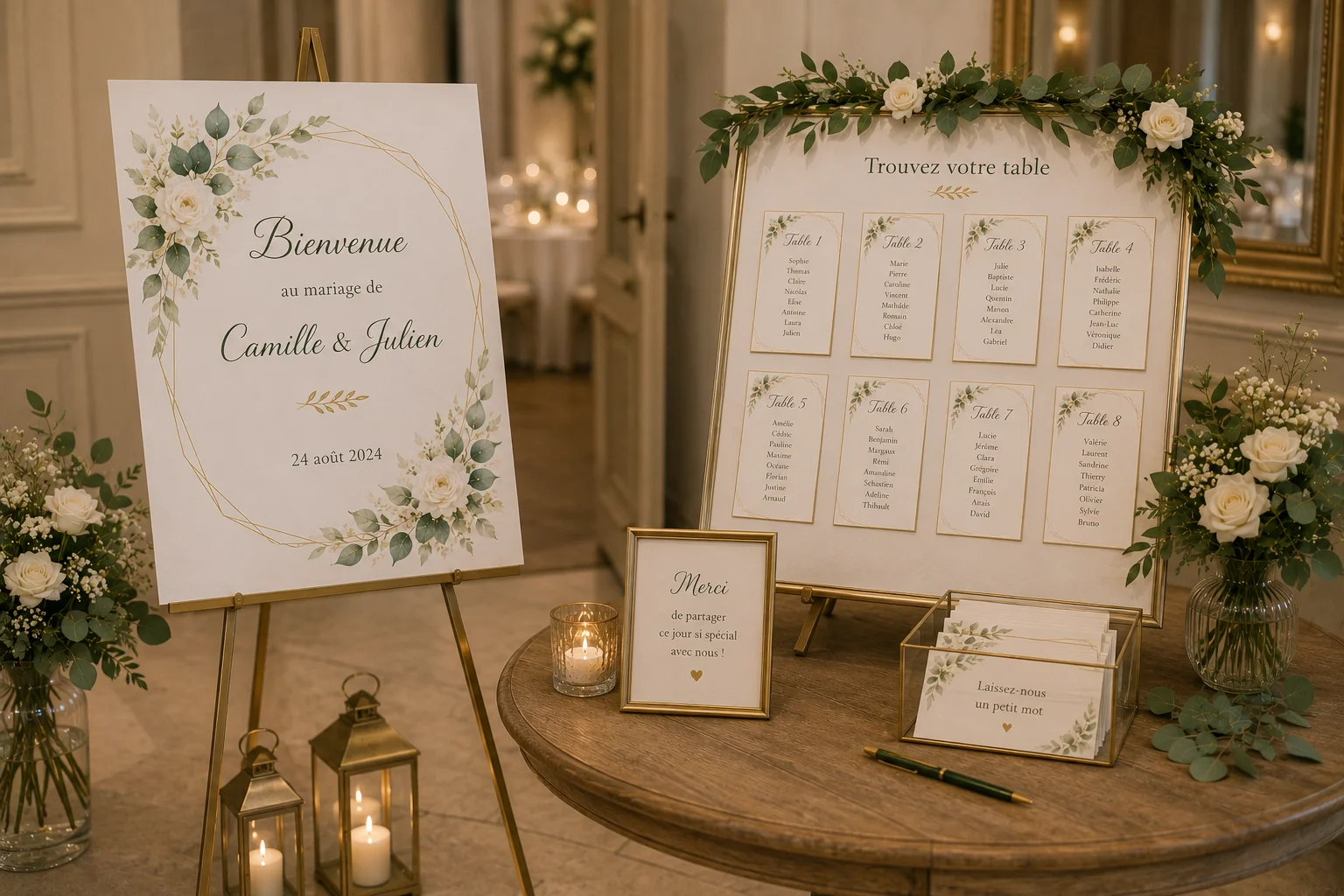 Décor de mariage élégant et chaleureux — illustration pour l'article « Message d'accueil sur la page RSVP mariage »