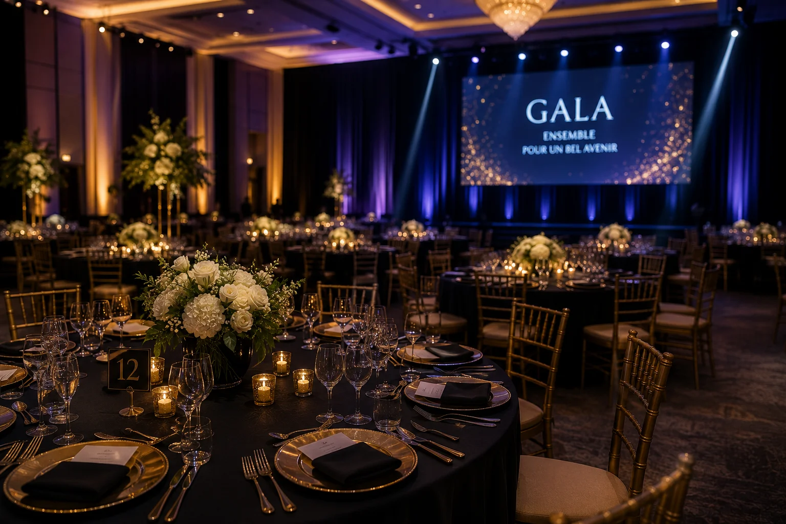 Gala élégante et ambiance dorée — illustration pour l'article « Gala de association : places et tables »