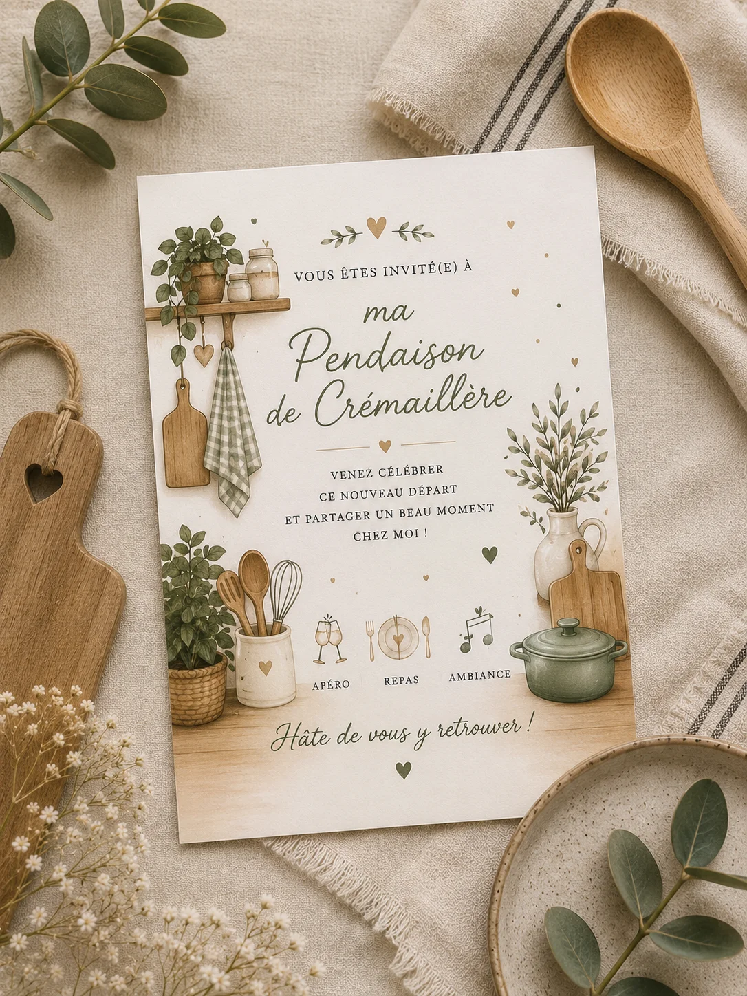 Invitation chaleureuse pour crémaillère rustique — illustration pour l'article « Comment choisir entre SMS et e-mail ? »