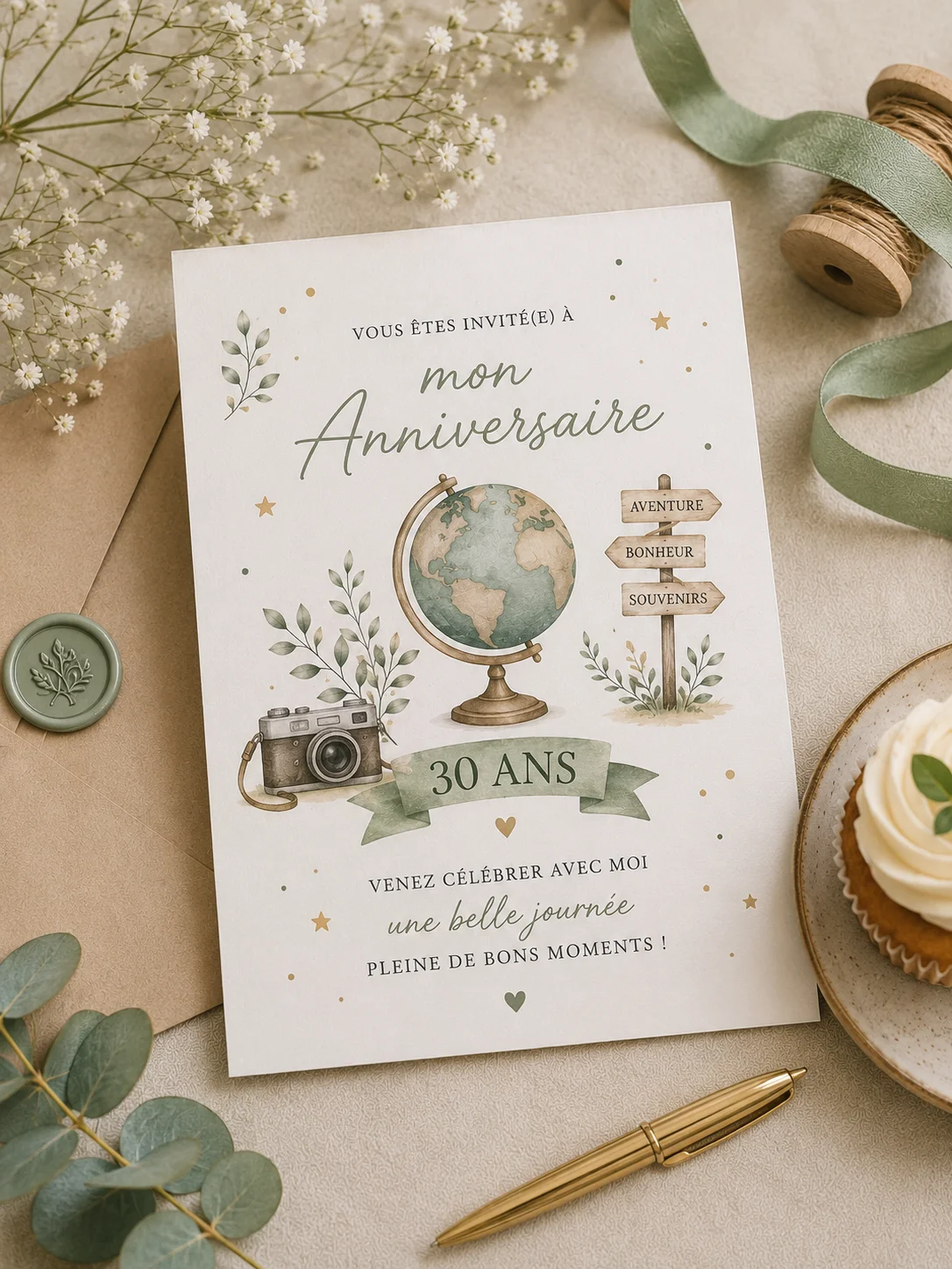 Invitation d'anniversaire botanique et aventurière — illustration pour l'article « Anniversaire : RSVP adultes et enfants »