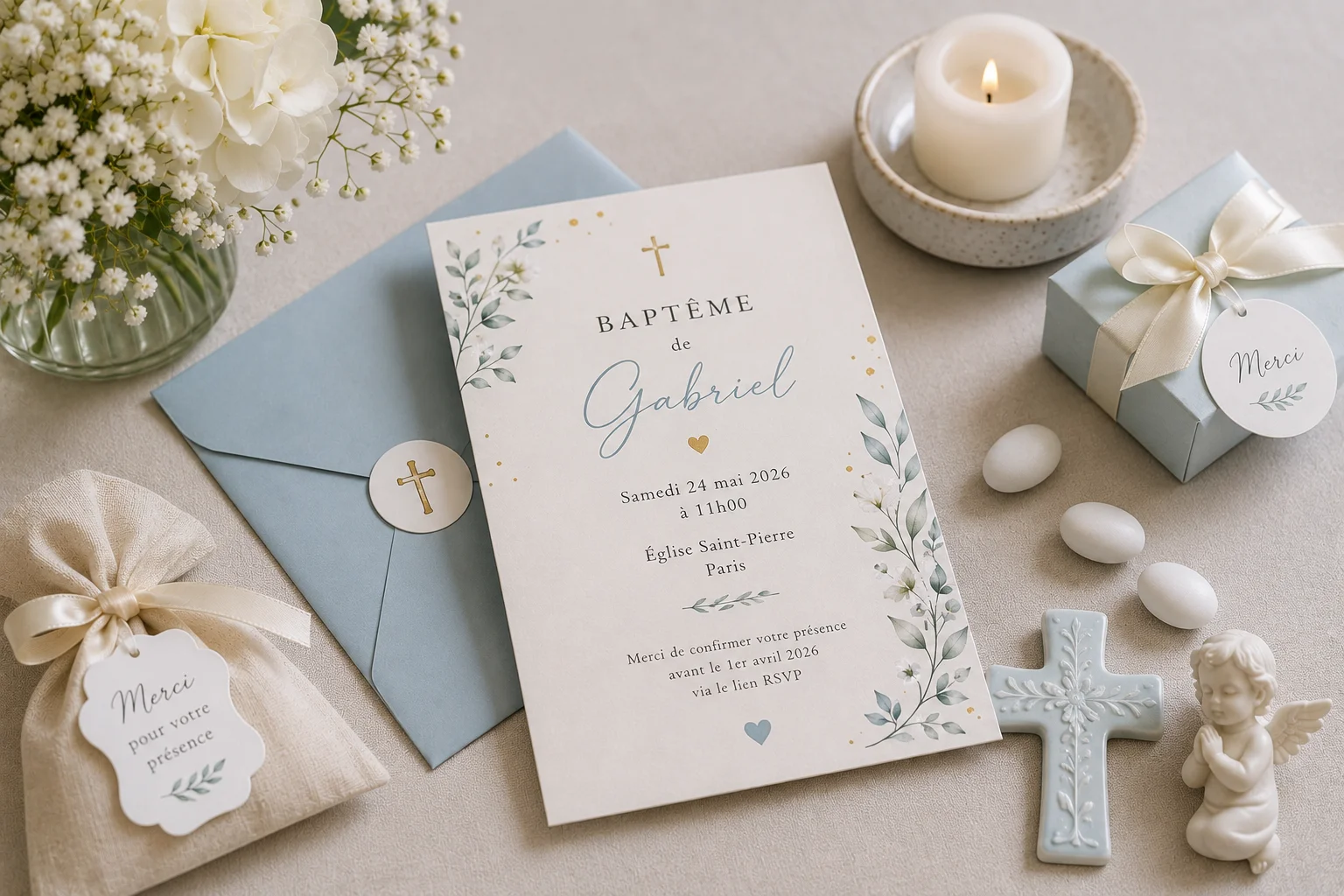 Invitation de baptême élégant et doux — illustration pour l'article « Organiser le RSVP d'un baptême : checklist famille »