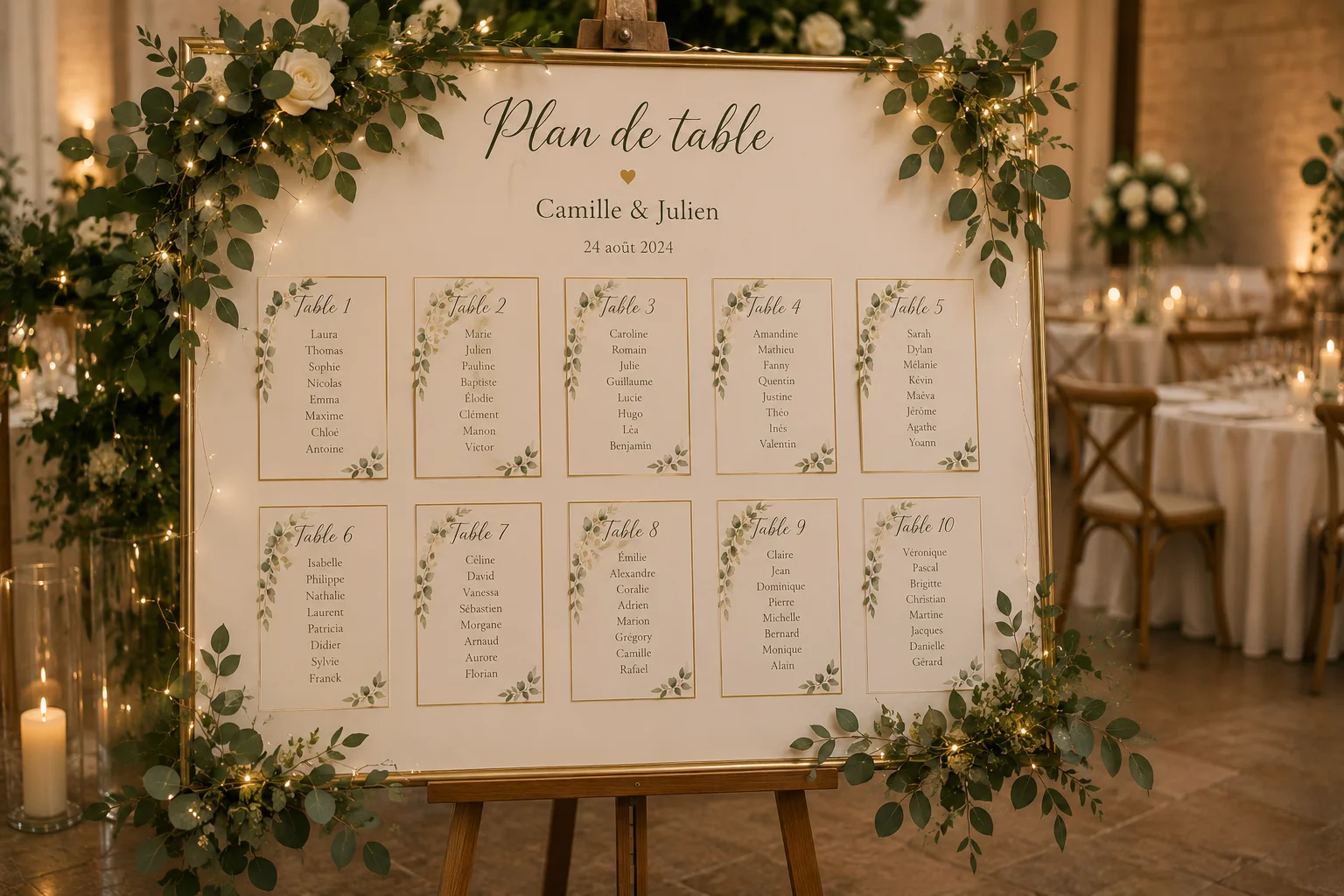 Plan de table élégant et chaleureux — illustration pour l'article « Plan de table et RSVP : enchaîner dans le bon ordre »