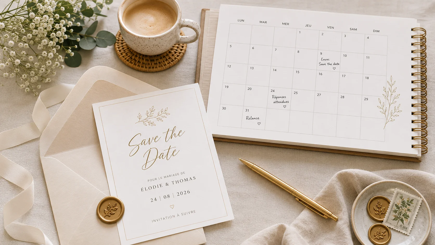 Save the date de mariage élégante et douce — illustration pour l'article « Save the date : rédaction, timing et lien vers le RSVP »