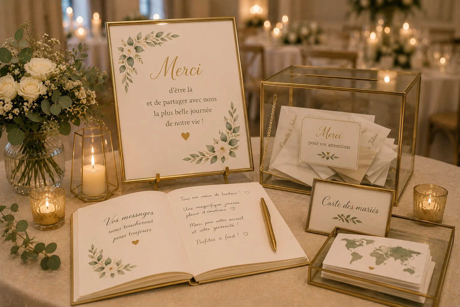 Table de bienvenue élégante de mariage — illustration pour l'article « Mariage : Réponse oui sans nombre de personnes »